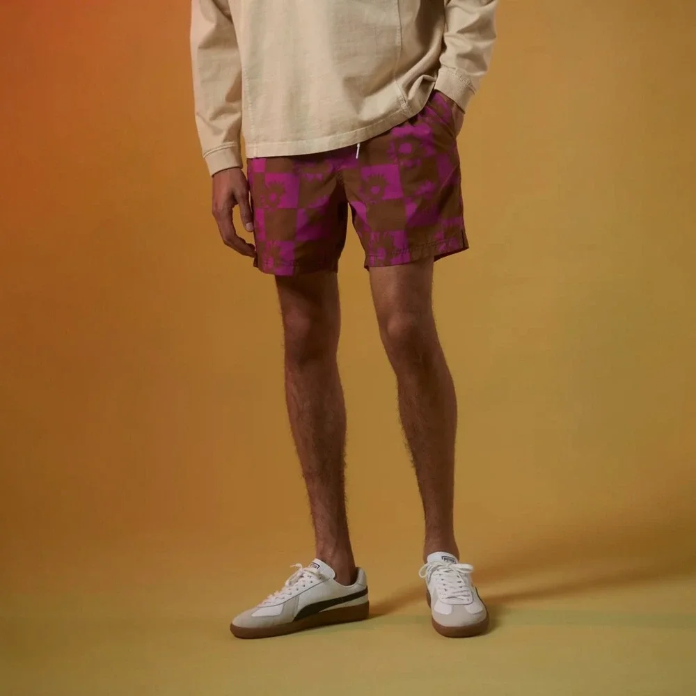 Urban Outfitters Daisy Checkerboard Print Swim Shorts Trunks Purple Brown Medium